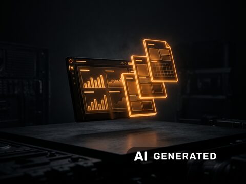 Laptop, aus dessen Bildschirm Diagramme und Berichtsseiten hervortreten. Mit künstlicher Intelligenz erstelltes Bild.