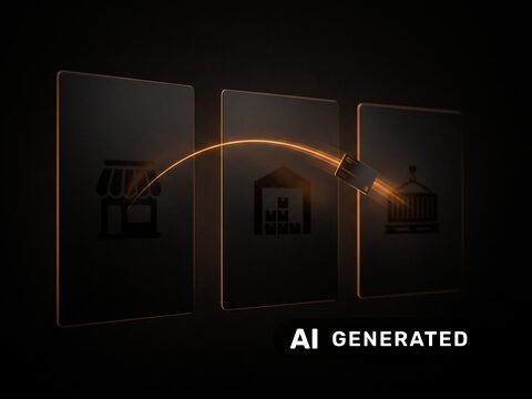 Drei Flächen mit den Symbolen Laden, Lager und Bank, zwischen denen ein Datensatz überspringt. Mit künstlicher Intelligenz erstelltes Bild.