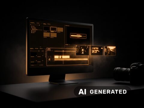 Monitor mit geöffnetem Videoschnittprogramm und einer Zeitleiste, daneben eine Kamera. Mit künstlicher Intelligenz erstelltes Bild.