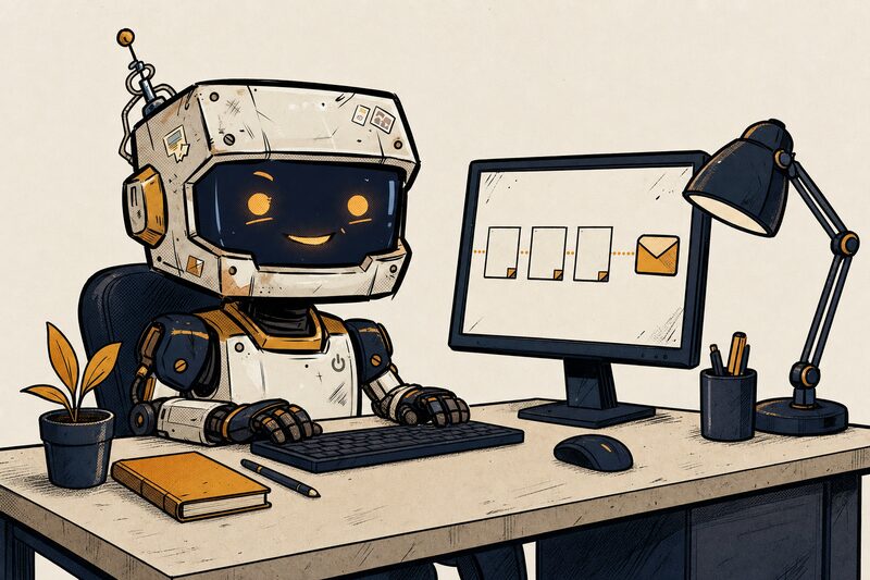 Roboter-Maskottchen Qex-R4 am aufgeräumten Schreibtisch, Bestellungen laufen als Karten über den Bildschirm