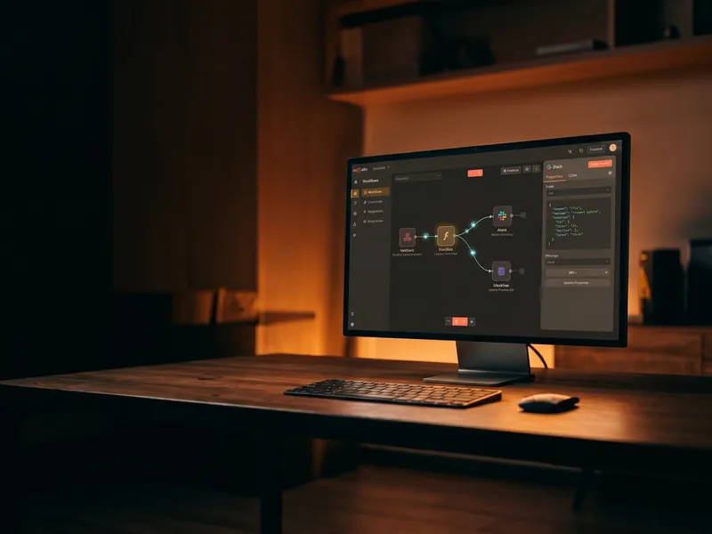 Monitor mit Automatisierungs-Workflow auf einem Schreibtisch