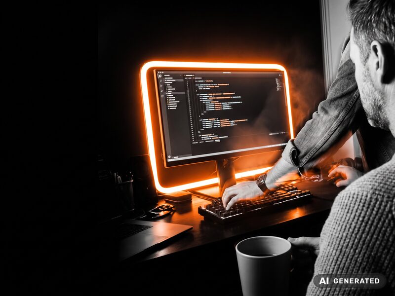 Arbeitsplatz am Abend, auf dem Monitor ist ein Code-Editor geöffnet