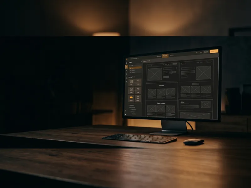 Monitor mit Website-Editor auf einem Schreibtisch