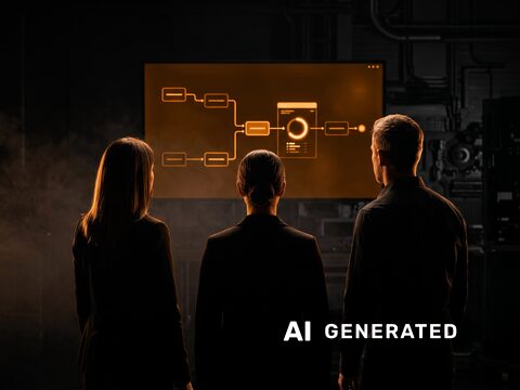 Drei Personen von hinten vor einem großen Bildschirm, auf dem ein Arbeitsablauf dargestellt ist. Mit künstlicher Intelligenz erstelltes Bild.