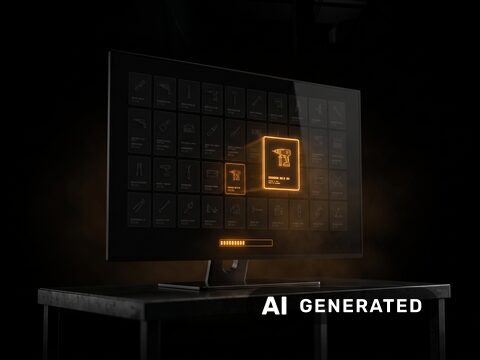 Monitor mit einem Raster aus Werkzeugkacheln, eine davon herausgehoben und vergrößert. Mit künstlicher Intelligenz erstelltes Bild.