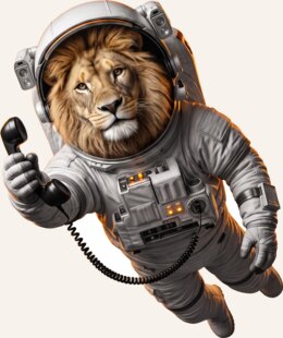 Löwe im Raumanzug, der einen Telefonhörer in die Kamera hält