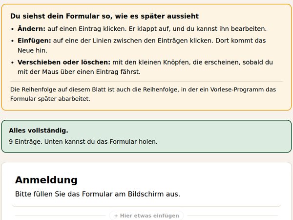 Formular-Baukasten mit Hinweisen zur Bedienung, der Meldung „Alles vollständig“ und dem Beginn eines Anmeldeformulars